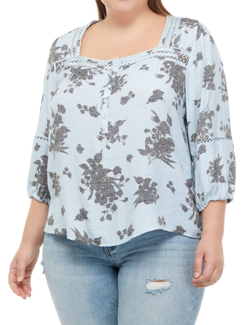 Wonderly Light Blue Floral Lace-Trim Peasant Blouse